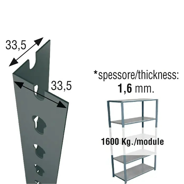 Simonrack Simonclick Perfil angular - L x An x Al: 90 x 3,3 x 3,3 cm, Metal, Gris - Ilustración de un sistema de estanterías con dimensiones y capacidad de carga para un uso seguro.