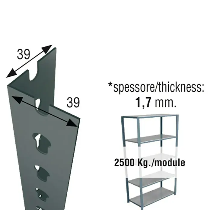 Simonrack Simonclick Perfil angular - L x An x Al: 200 x 3,9 x 3,9 cm, Gris - Imagen de un sistema de estanterías con medidas detalladas, grosor del material y capacidad de carga por módulo.