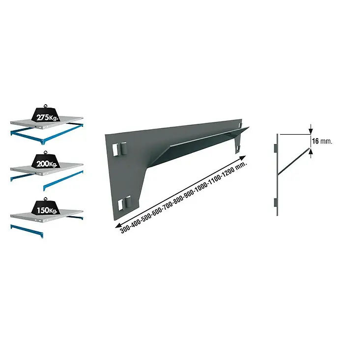Simonrack Simonclick Travesaño para estanterías de carga pesada - Largo: 400 mm, Gris - Imagen del producto de un soporte de estante de pared, con varias capacidades de carga e información de tamaño.
