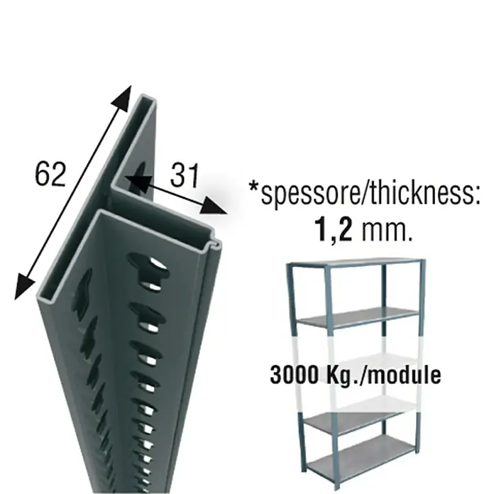 Simonrack Officlick Perfil angular - L x An x Al: 100 x 6,2 x 3,1 cm, Gris - Vista detallada de un elemento de estantería gris con dimensiones e información sobre la capacidad de carga.