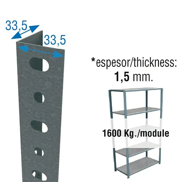 Simonrack Simonclassic Perfil angular - L x An x Al: 200 x 3,5 x 3,5 cm, Metal, Galvanizado - Detalles del producto: Perfil angular de 33,5 mm de lado y 1,5 mm de grosor, módulo de estantería para 1600 kg.