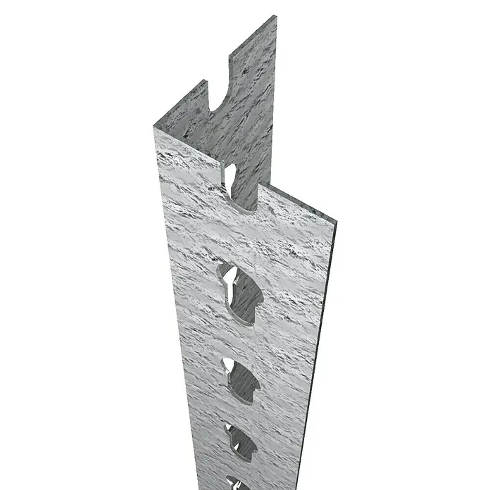Simonrack Simonclick Perfil angular - L x An x Al: 90 x 3,3 x 3,3 cm, Galvanizado - Imagen de una guía metálica marmoleada con recortes en forma de ojo de cerradura para un montaje estable de estanterías. Diseño robusto que garantiza durabilidad.
