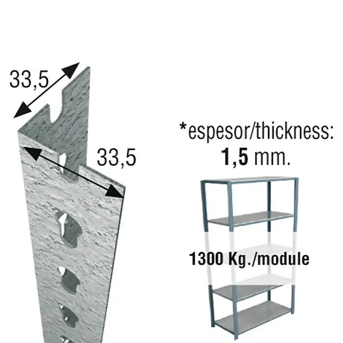 Simonrack Simonclick Perfil angular - L x An x Al: 100 x 3,3 x 3,3 cm, Galvanizado - Imagen de un sistema de estanterías, mostrando un primer plano de un componente del bastidor, con detalles de capacidad de carga y grosor del material.