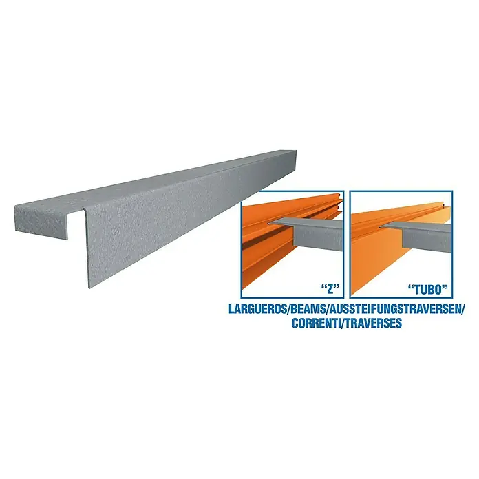 Simonrack Simontitan Marco de refuerzo - Largo: 60 cm, Galvanizado - La imagen muestra un carril metálico en forma de Z, utilizado como vigas o travesaños.