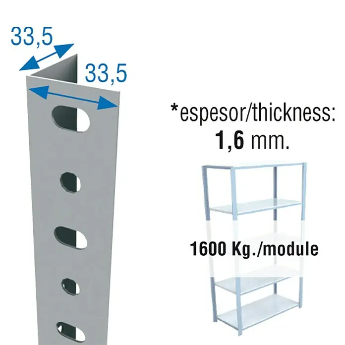 Simonrack Simoninox Travesaño - Largo: 80 cm, Acero inoxidable - Imagen del producto: Perfil angular de una estantería con dimensiones y un módulo de estantería de alta carga.