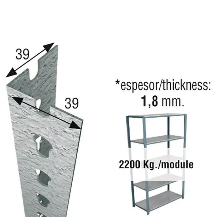 Simonrack Simonclick Perfil angular - L x An x Al: 100 x 3,9 x 3,9 cm, Metal, Galvanizado - Vista detallada de un sistema de estanterías modular, indicando el grosor (1,8 mm) y la capacidad de carga (2200 kg/módulo).