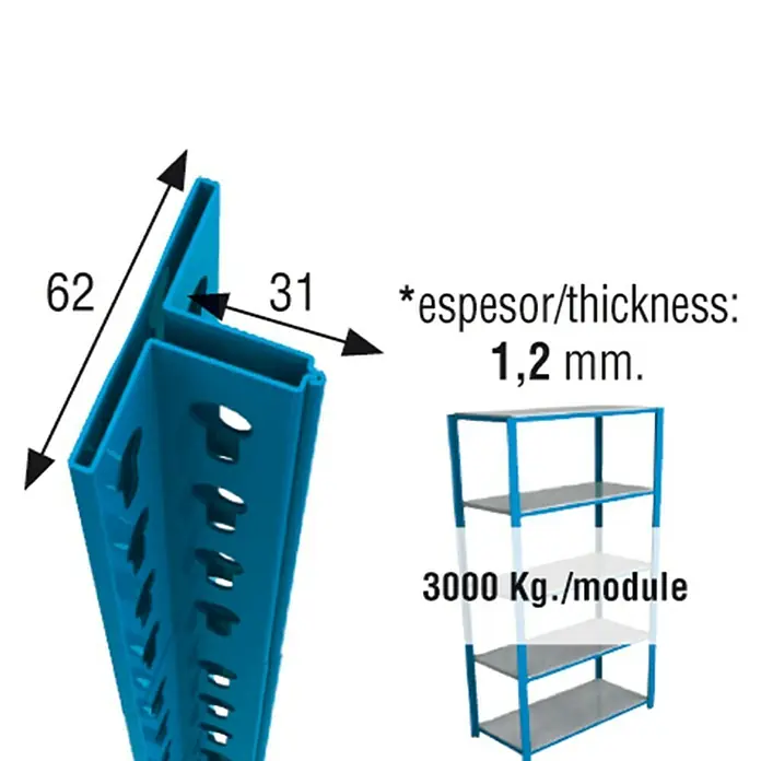 Simonrack Officlick Perfil angular - L x An x Al: 100 x 6,2 x 3,1 cm, Metal, Azul - Imagen del producto de un sistema de estanterías azul con dimensiones detalladas e información del peso.