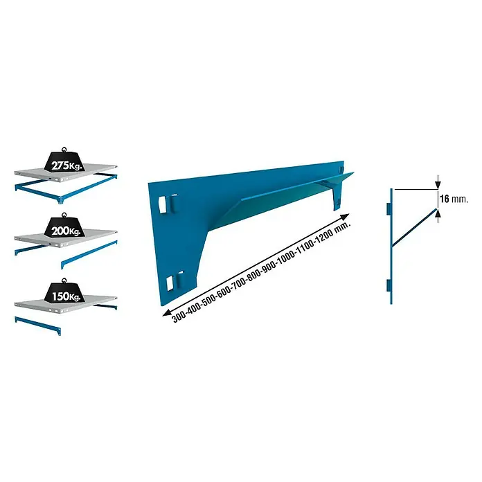 Simonrack Simonclick Travesaño para estanterías de carga pesada - Largo: 400 mm, Azul - Imagen del producto de un soporte de estante resistente en azul, con varias opciones de capacidad de carga y dimensiones.
