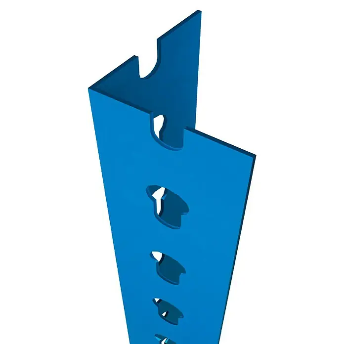 Simonrack Simontaller Perfil angular - L x An x Al: 300 x 4,85 x 4,85 cm, Azul - Primer plano de una estantería azul con agujeros para soluciones de almacenamiento personalizadas. Ideal para la organización.