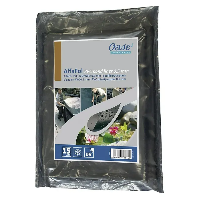 Oase Teichfolie AlfaFol - 8 m x 6 m x 0,5 mm, Regeneratfrei - Bild einer Oase AlfaFol PVC Teichfolie 0,5 mm mit 15 Jahren Garantie und UV-Schutz, verpackt in Folie.
