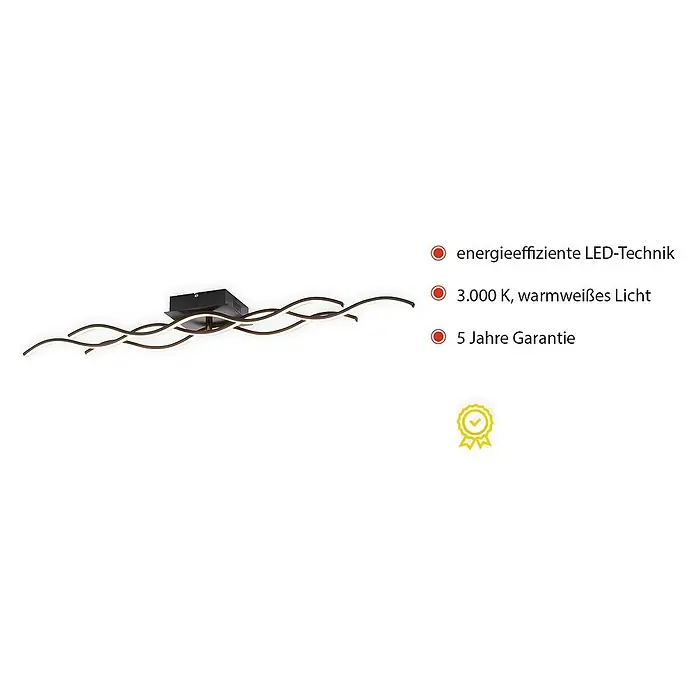 Just Light LED-Deckenleuchte - 32 W, L x B x H: 97,5 x 16 x 8 cm, Schwarz, Tageslichtweiß - Moderne LED-Deckenleuchte in Braun mit gewundenen Leuchtarmen. Energieeffiziente Beleuchtung mit warmweißem Licht und 5 Jahren Garantie.