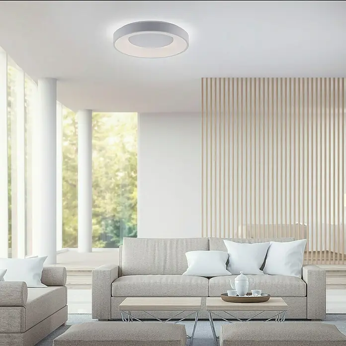 Just Light LED-Deckenleuchte rund - 30 W, Ø x H: 48 x 7,8 cm, Weiß, Sonstige - Eine moderne LED-Deckenleuchte in einem hellen Wohnzimmer. Die runde Form und das minimalistische Design passen gut zum Interieur.