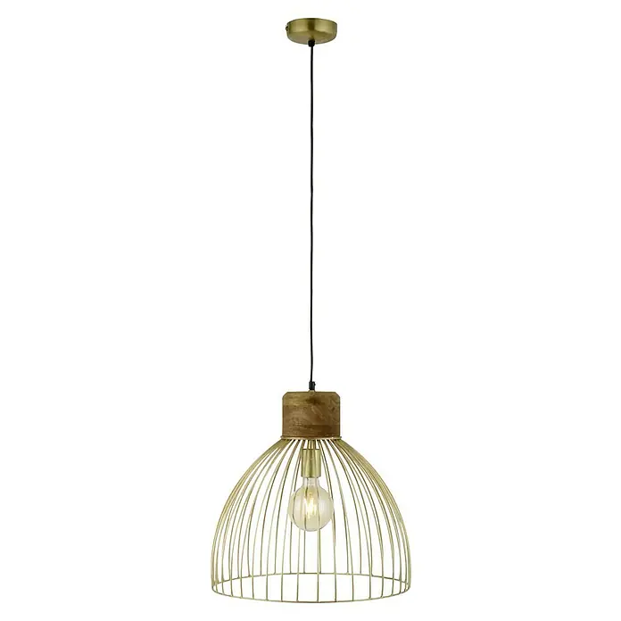 Just Light Pendelleuchte - 25 W, L x B x H: 40 x 40 x 120 cm, E27 - Elegante Hängeleuchte in Goldoptik mit Holzelement und einem filigranen Lampenschirm, der ein warmes Licht verbreitet.