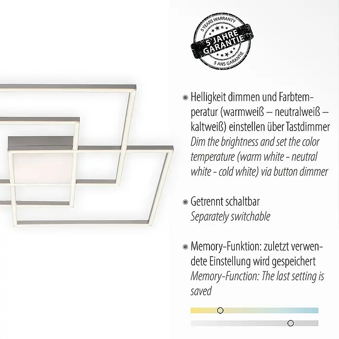 Just Light LED-Deckenleuchte Asmin - 12 W, L x B x H: 75 x 75 x 6 cm, Stahl, Mehrfarbig - Deckenleuchte mit Dimmfunktion und Farbtemperaturregelung (warmweiß bis kaltweiß) mit Memory-Funktion für individuelle Lichteinstellungen.