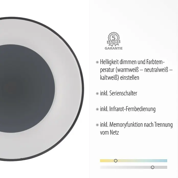 Just Light LED-Deckenleuchte rund - 30 W, Ø x H: 48 x 7,8 cm, Anthrazit, Sonstige - Produktbild einer modernen LED-Deckenleuchte mit einstellbarer Helligkeit und Farbtemperatur, inklusive Fernbedienung.