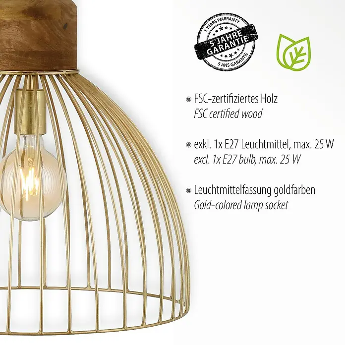Just Light Pendelleuchte - 25 W, L x B x H: 40 x 40 x 120 cm, E27 - Nahaufnahme einer goldenen Draht-Pendelleuchte mit Holzbefestigung und einer Glühbirne, die ein warmes, einladendes Licht ausstrahlt.