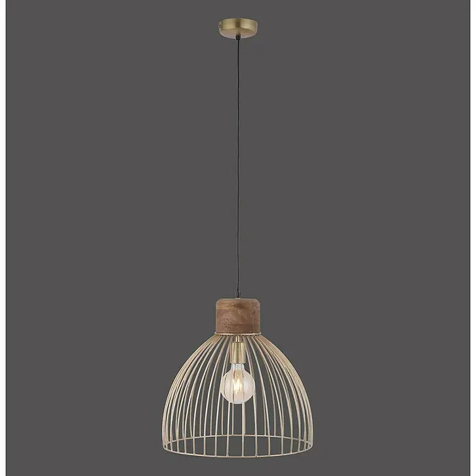 Just Light Pendelleuchte - 25 W, L x B x H: 40 x 40 x 120 cm, E27 - Eine moderne Pendelleuchte mit einem goldenen Käfig und einem Holzdetail, die eine warme Atmosphäre schafft.