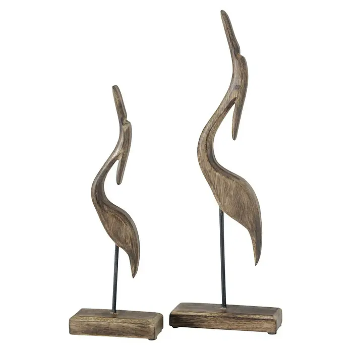 Dekofigur KranichL x B x H: 13 x 5 x 35 cm, Braun, Mangoholz, 1 Stk. - Holzskulpturen-Set: Zwei elegante, abstrakte Vogelstatuen auf Holzsockel mit Metallstäben. Perfekt für moderne Dekorationen.