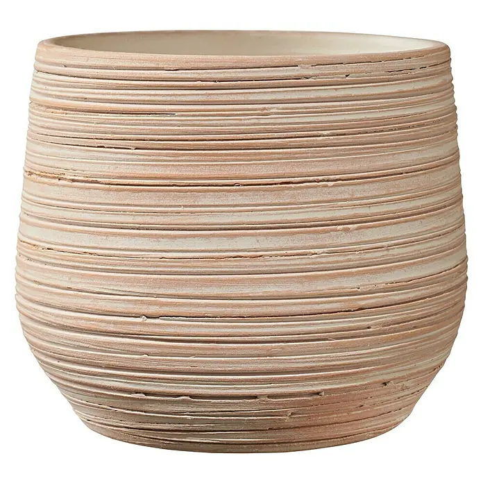Soendgen Keramik Übertopf rund Ravenna - Außenmaß (Ø x H): 14 x 13 cm, Terra, Keramik - Ein dekorativer, horizontal gestreifter Übertopf in Beige mit einer zylindrischen Form und leicht abgerundeten Boden auf einem schwarzen Hintergrund.