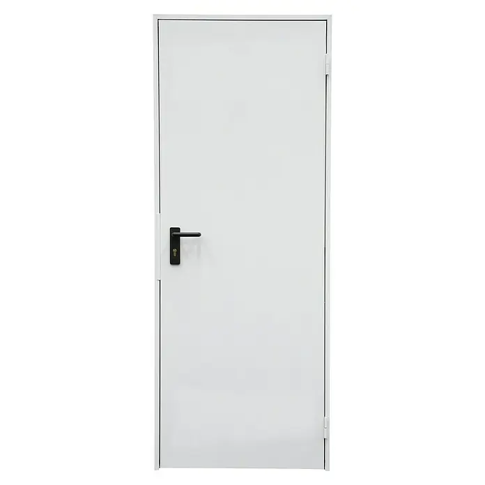 Novoferm Puerta de trastero Super Plus - 87,5 x 203,5 cm, Izquierda - Se ve una puerta blanca con un tirador negro y un ojo de cerradura en la imagen. La puerta parece sencilla y moderna.