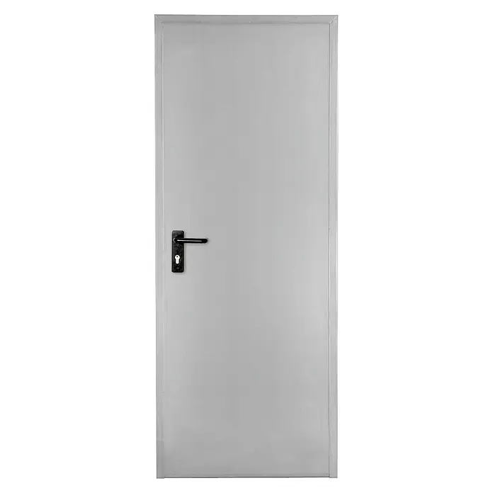 Novoferm Puerta de trastero Super Standard Galvanizada - 77,5 x 203,5 cm, Izquierda - Una puerta interior gris con manija negra y cerradura. La puerta tiene un diseño sencillo y moderno.