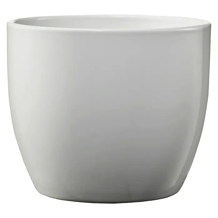 Soendgen Keramik Übertopf rund Basel Elegance - Außenmaß (Ø x H): 13 x 12 cm, Hellgrau, Keramik, Glänzend - Glatter, runder, weißer Keramiktopf mit sanfter Formgebung, ideal für Zimmerpflanzen und stilvolle Dekoration auf schwarzem Hintergrund.