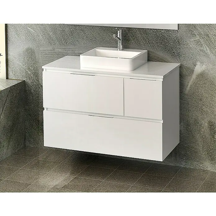 Artysan Mueble bajo de lavabo Tina Paris - An x Pr x Al: 100 x 46 x 64 cm, Blanco - Primer plano de un tocador de baño blanco moderno con un lavabo y grifo, montado en una pared gris.