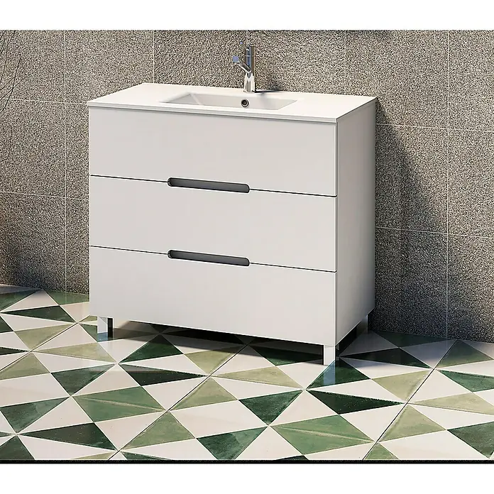 Artysan Mueble bajo de lavabo Lanza Slim - L x An x Al: 38,6 x 80 x 83,3 cm, Blanco - Mueble de baño con lavabo y tres cajones en blanco, con tiradores grises. Un estilo moderno para cualquier baño.
