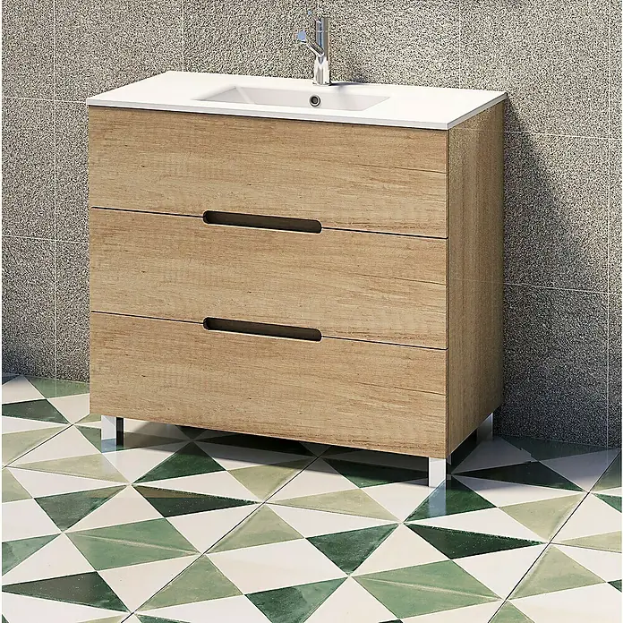 Artysan Mueble bajo de lavabo Lanza - An x Pr x Al: 80 x 44,6 x 83,3 cm, Nature - Mueble de baño moderno con tres cajones de madera y lavabo blanco encima.