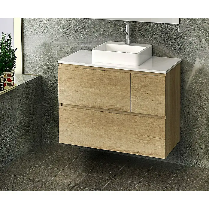 Artysan Mueble bajo de lavabo Tina Paris - An x Pr x Al: 80 x 46 x 64 cm, Nature - Elegante mueble de baño en madera clara con lavabo sobre encimera blanco y grifo moderno, creando un ambiente sofisticado.