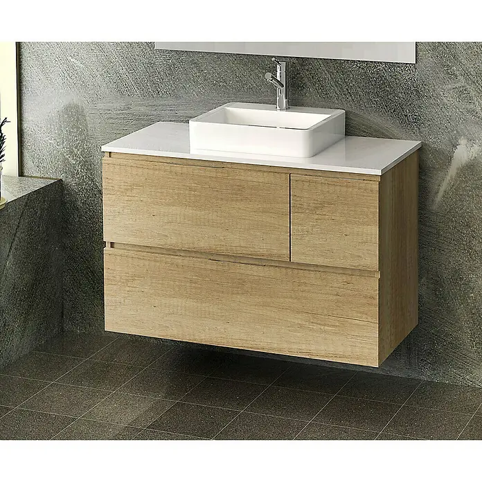 Artysan Mueble bajo de lavabo Tina Paris - An x Pr x Al: 100 x 46 x 64 cm, Nature - Elegante mueble de baño con armario de madera clara y lavabo sobre encimera blanco, perfecto para baños modernos.
