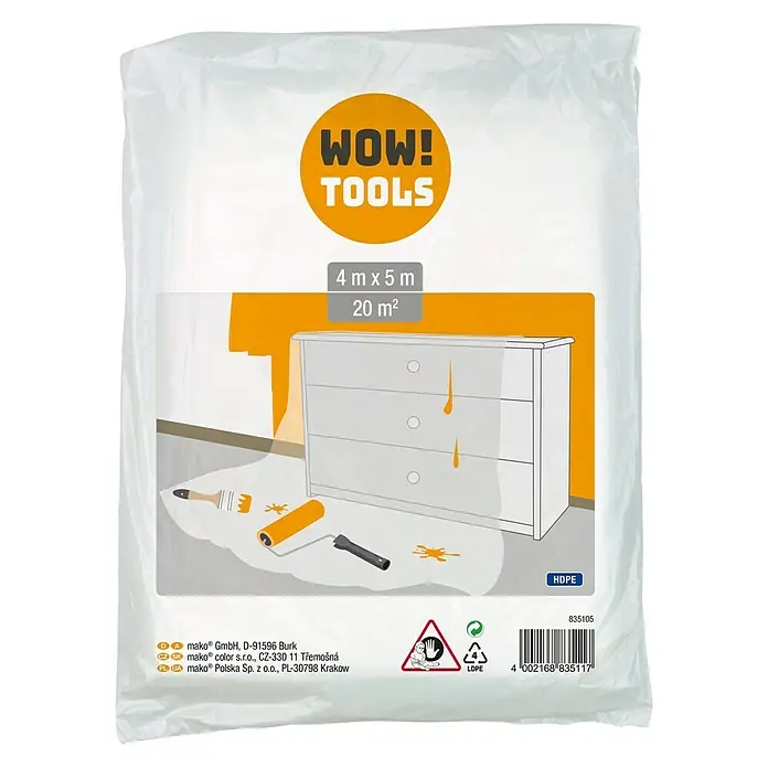 Abdeckfolie - L x B: 5 x 4 m, 20 m² - WOW! Tools Abdeckplane, 4m x 5m, 20m². Die Plane schützt beim Heimwerken vor Farbspritzern und Verschmutzungen. Praktisch und vielseitig.