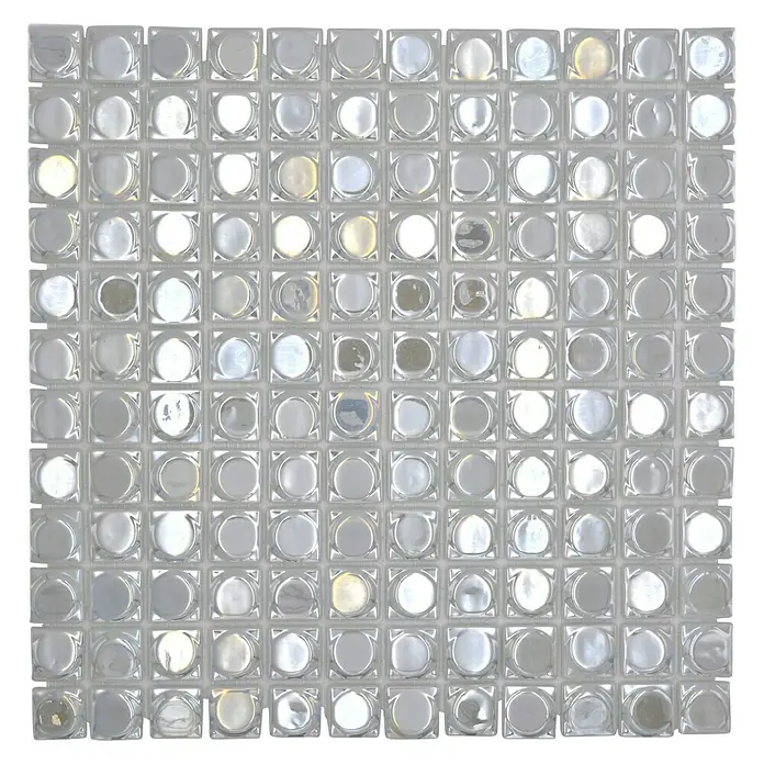 Mosaikfliese Quadrat Eco Uni SANDY 12 - 31,5 x 31,5 cm, Weiß, Glänzend - Nahaufnahme einer quadratischen Glasmosaikfliese mit kreisförmigen Mustern.