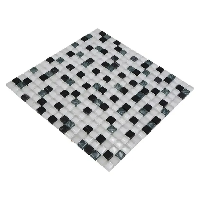 Mosaikfliese Quadrat Crystal Mix XCM M740 - 30 x 30 cm, Weiß/Grau, Glänzend - Quadratische Glasmosaikfliese in Schwarz, Weiß und Grau für eine moderne und stilvolle Wandgestaltung.