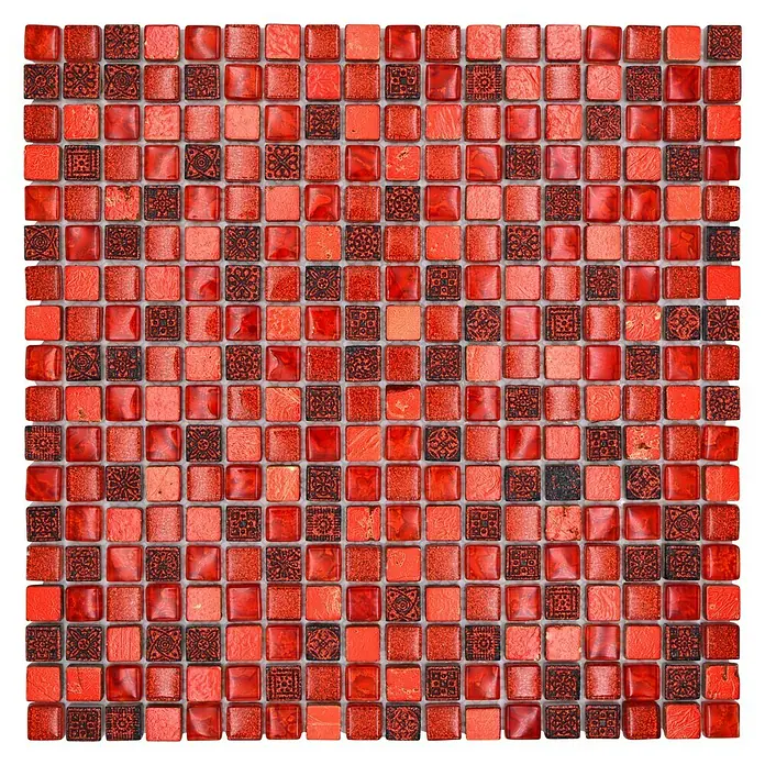 Mosaikfliese Quarat Crystal Mix XCM M720 - 30 x 30 cm, Rot, Glänzend - Nahaufnahme von roten Mosaikfliesen mit dunkleren Mustern, ideal für auffällige Wand- oder Bodendesigns.