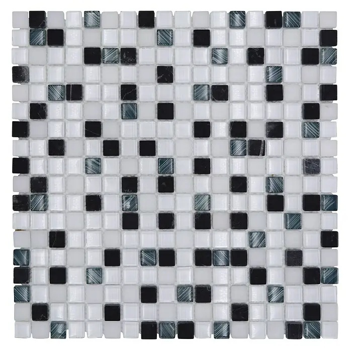 Mosaikfliese Quadrat Crystal Mix XCM M740 - 30 x 30 cm, Weiß/Grau, Glänzend - Nahaufnahme eines quadratischen Mosaiks aus weißen, schwarzen und grauen Glasfliesen, ideal für die Gestaltung von Küchen und Badezimmern.