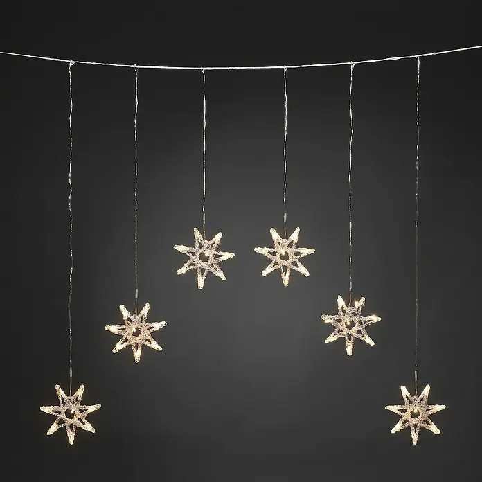 Konstsmide LED-Lichtervorhang Sterne - Länge: 90 cm, Lichtfarbe: Warmweiß, Anzahl Leuchtmittel: 48 Stk., Netzbetrieben, IP44 - Sternenlichterkette mit sechs beleuchteten Sternen, die an einer dünnen Schnur hängen, für eine gemütliche Atmosphäre.