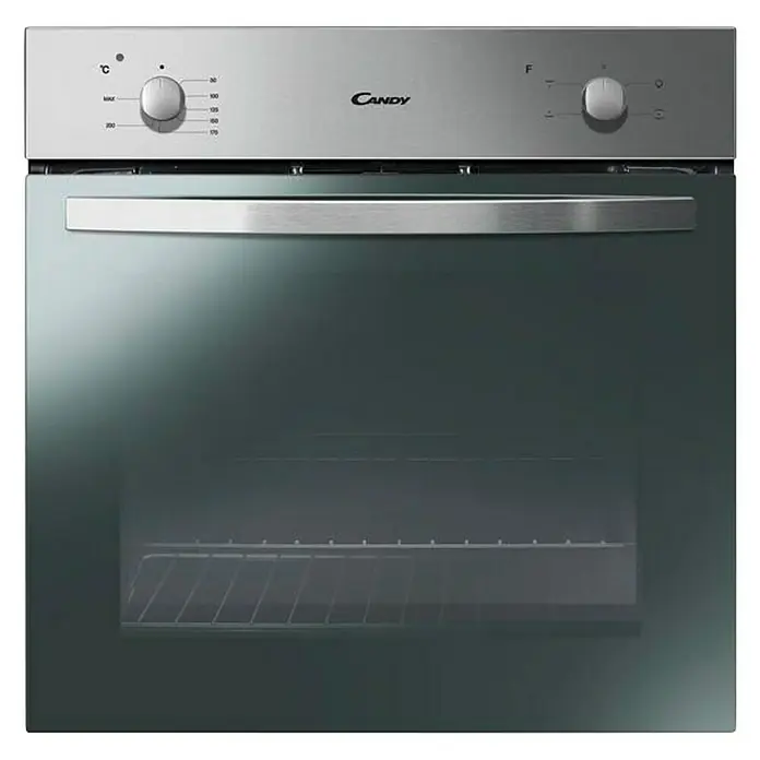 Marinelli Cucine Vormontierte Küchenzeile GiuliaBreite: 275 cm, Weiß, Mit Elektrogeräten, Dekor Arbeitsplatte: Marmoroptik, Spüle rechts - Nahaufnahme eines Candy-Einbaubackofens mit silberner Blende und Glastür, der ein modernes Küchendesign betont.