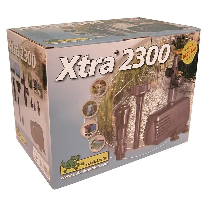 Ubbink Wasserspielpumpe Xtra 2300 - 34 W, Fördermenge pro Std.: 2.300 l - Abbildung einer Verpackung für eine Ubbink Xtra 2300 Teichpumpe.