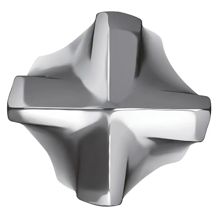 Alpen Beton- & Steinbohrer Force X KBSD 5Gesamtumfang: 5 -tlg., Durchmesser Bohrer: 10 mm - Nahaufnahme eines glänzenden, silberfarbenen Metallobjekts mit einer komplexen, kreuzförmigen Struktur und reflektierenden Oberflächen.