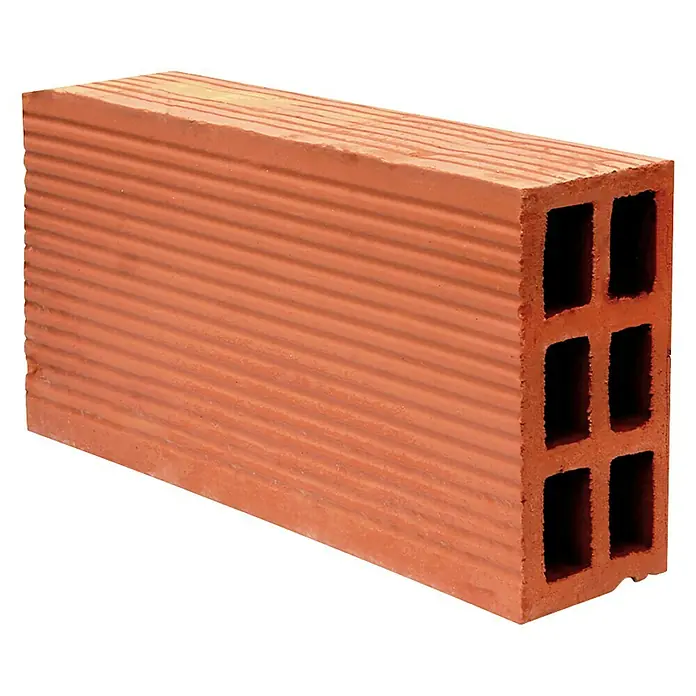 BHS Málaga Ladrillo Hueco - 7 x 30 cm, Rojo - Esta imagen muestra un ladrillo perforado, un material de construcción utilizado para crear estructuras ligeras y resistentes.