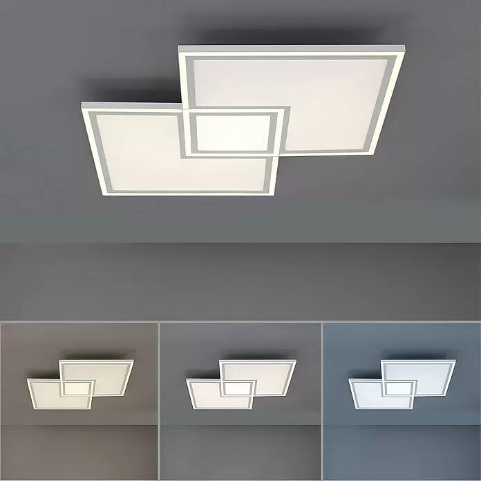Just Light LED-Deckenleuchte - 59 W, L x B x H: 67,7 x 67,7 x 5,8 cm, Weiß, Sonstige - Moderne weiße LED-Deckenleuchte mit drei überlappenden quadratischen Paneelen, mit beleuchteten Rändern und Flächen.
