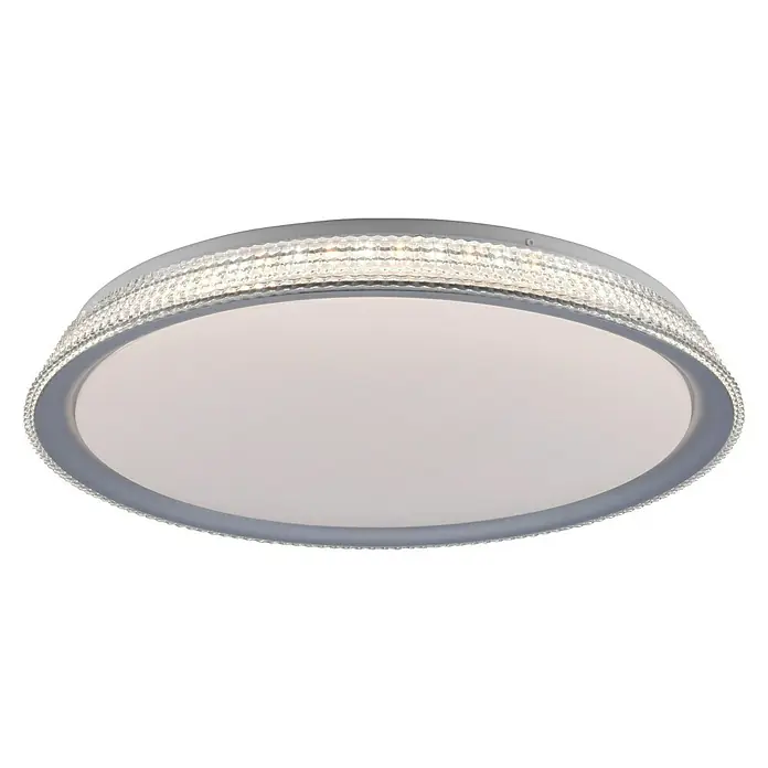 Just Light LED-Deckenleuchte rund40 W, Ø x H: 51 x 8 cm, Silber, Tageslichtweiß - Nahaufnahme einer modernen, runden Deckenleuchte mit Kristallakzenten und sanftem Licht.
