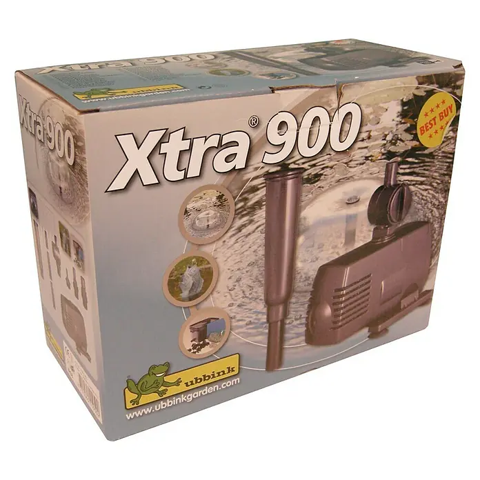 Ubbink Wasserspielpumpe Xtra 900 - 18 W, Fördermenge pro Std.: 900 l - Die Verpackung einer Xtra 900 Teichpumpe von Ubbink, die eine zuverlässige und leistungsstarke Wasserzirkulation für Teiche bietet.