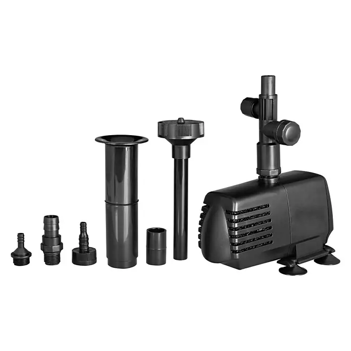 Ubbink Wasserspielpumpe Xtra 1600 - 45 W, Fördermenge pro Std.: 1.800 l - Eine Nahaufnahme einer schwarzen Springbrunnenpumpe mit verschiedenen Düsen und Aufsätzen, die für unterschiedliche Wassereffekte sorgen.