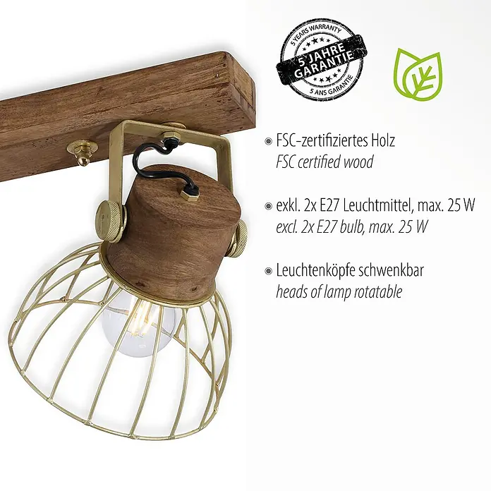 Just Light Deckenstrahler - 60 W, L x B x H: 64 x 29 x 21 cm, E27, 2 Stk. - Nahaufnahme der braunen Holzbalken-Deckenleuchte mit goldfarbenem Lampenschirm. Rustikales Design mit warmem Licht für Ihr Zuhause.