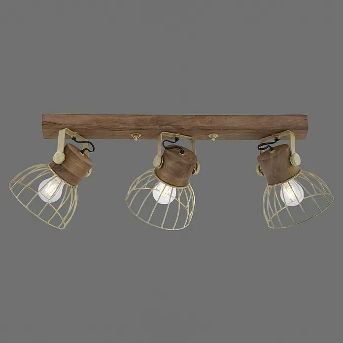 Just Light Deckenstrahler - 60 W, L x B x H: 76 x 31 x 20 cm, E27, 3 Stk. - Diese Leuchte verfügt über drei Lampen mit Holzdetails und einem goldenen Käfig, die an einem Holzsockel befestigt sind.