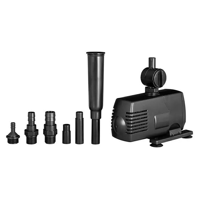 Ubbink Wasserspielpumpe Xtra 900 - 18 W, Fördermenge pro Std.: 900 l - Eine schwarze Teichpumpe mit diversen Aufsätzen. Die Pumpe ist das Hauptprodukt, geeignet für Gartenteiche und Wasserspiele.