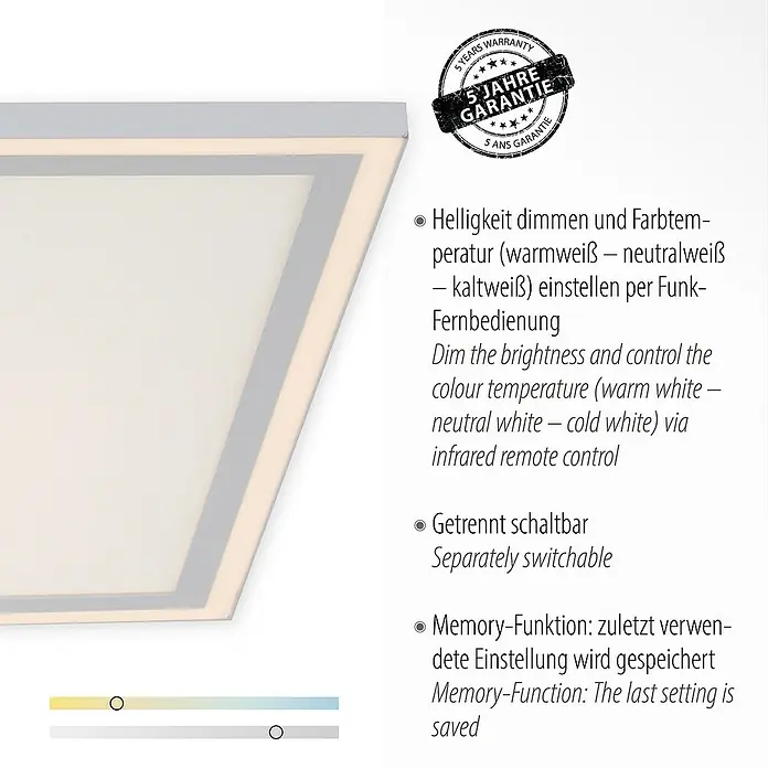 Just Light LED-Deckenleuchte - 59 W, L x B x H: 67,7 x 67,7 x 5,8 cm, Weiß, Sonstige - Lichtpanel mit einstellbarer Helligkeit und Farbtemperatur, inklusive Fernbedienung und Memory-Funktion. Fünf Jahre Garantie inklusive.