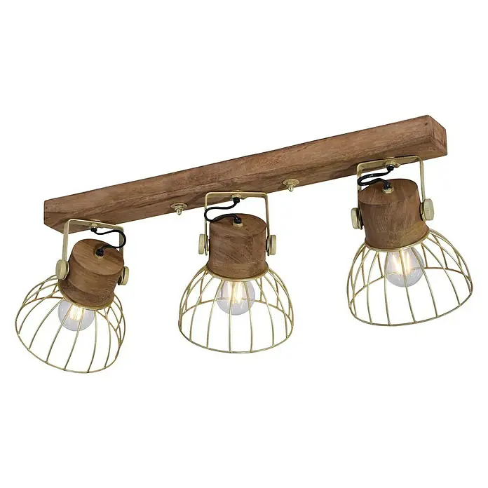 Just Light Deckenstrahler - 60 W, L x B x H: 76 x 31 x 20 cm, E27, 3 Stk. - Holzbalken-Deckenleuchte mit drei goldfarbenen Käfigschirmen, die ein warmes Licht abgeben. Perfekt für Wohnzimmer oder Essbereich.